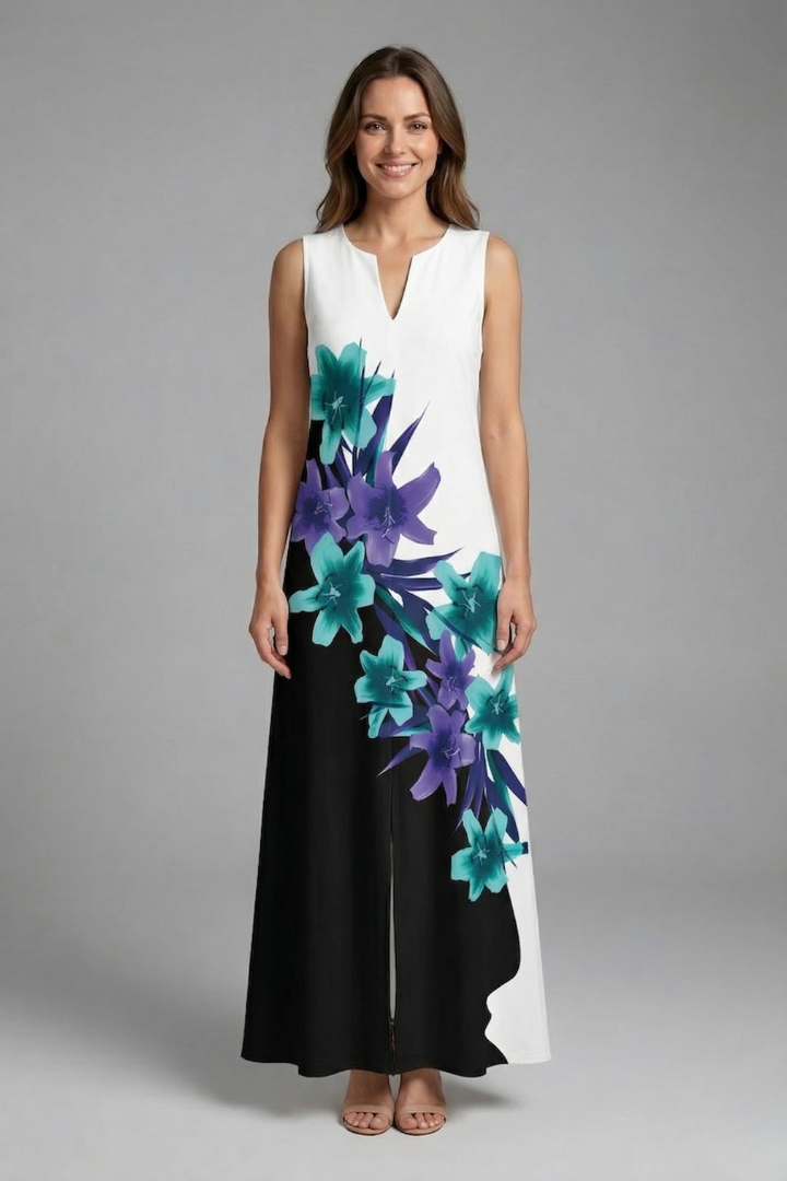Women’s Maxi Dress with Split Neck and Sleeveless Design