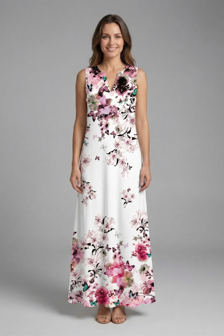Women’s Maxi Dress with Split Neck and Sleeveless Design