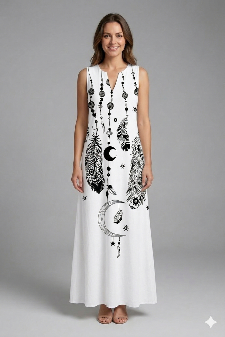 Women’s Maxi Dress with Split Neck and Sleeveless Design
