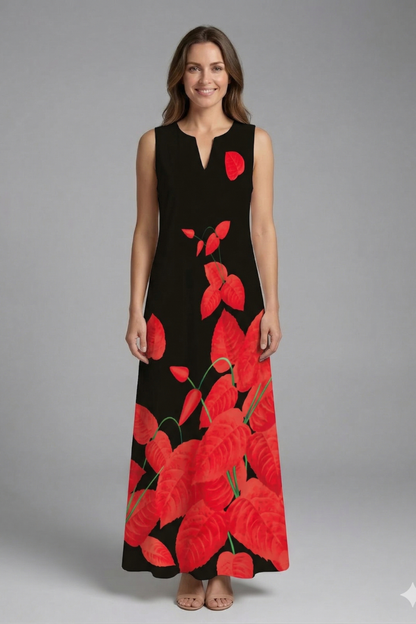 Women’s Maxi Dress with Split Neck and Sleeveless Design