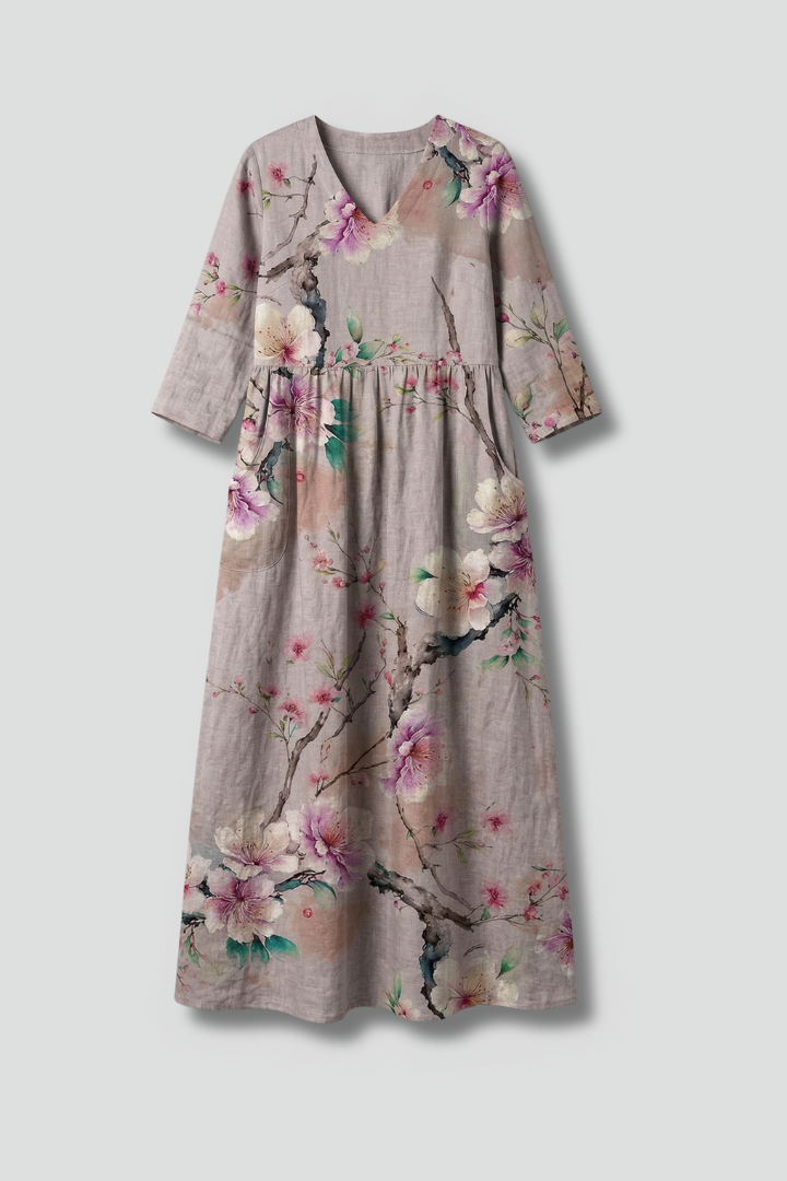 Women’s Maxi Dress with V Neckline and Floral Pattern