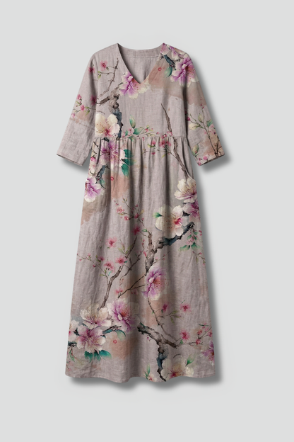Women’s Maxi Dress with V Neckline and Floral Pattern