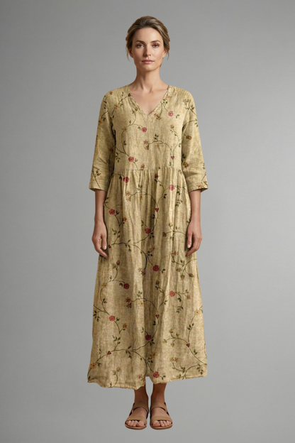 Women’s Maxi Dress with V Neckline and Floral Pattern