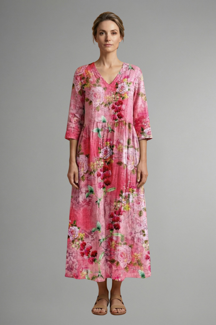 Women’s Maxi Dress with V Neckline and Floral Pattern