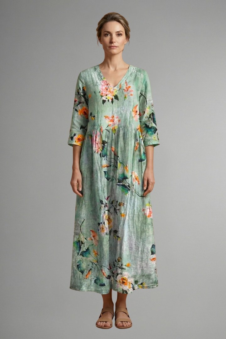Women’s Maxi Dress with V Neckline and Floral Pattern