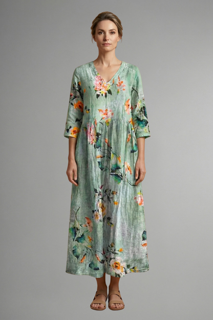 Women’s Maxi Dress with V Neckline and Floral Pattern