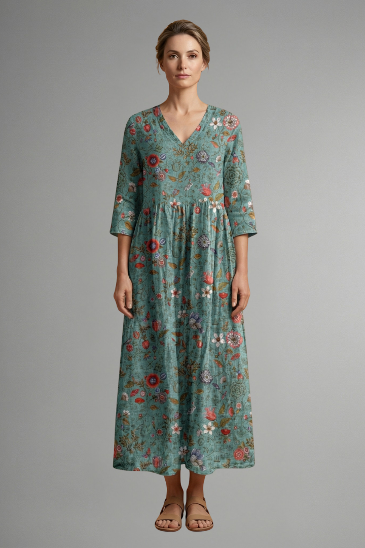 Women’s Maxi Dress with V Neckline and Floral Pattern