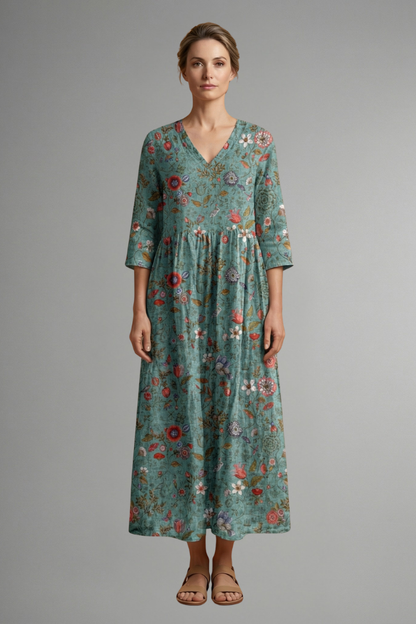 Women’s Maxi Dress with V Neckline and Floral Pattern