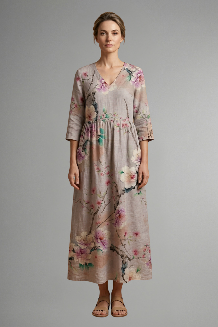 Women’s Maxi Dress with V Neckline and Floral Pattern