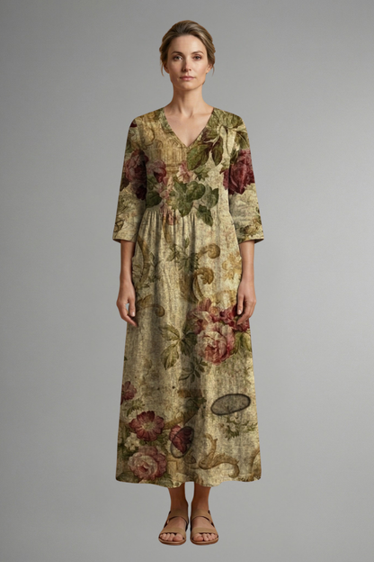 Women’s Maxi Dress with V Neckline and Floral Pattern