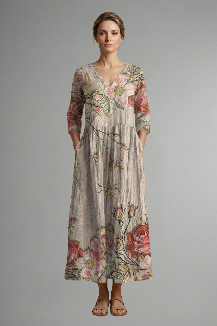 Women’s Maxi Dress with V Neckline and Floral Pattern