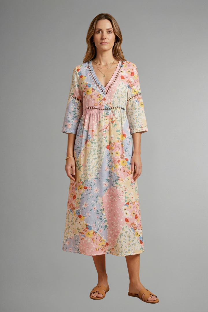 Women’s Maxi Dress with V Neckline and Patchwork Print