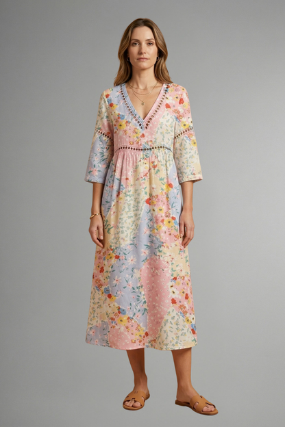 Women’s Maxi Dress with V Neckline and Patchwork Print