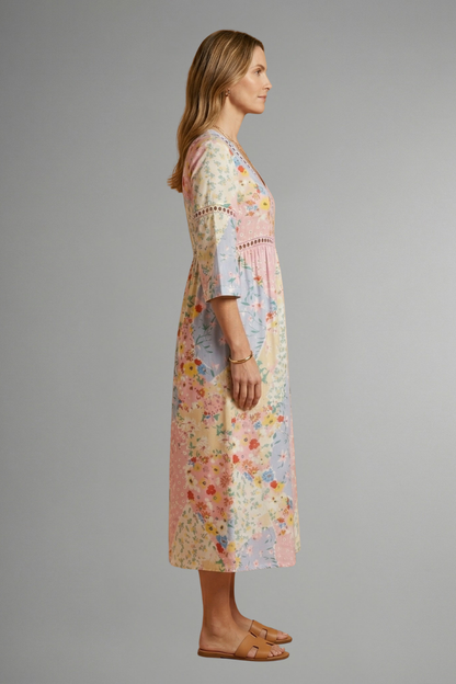 Women’s Maxi Dress with V Neckline and Patchwork Print
