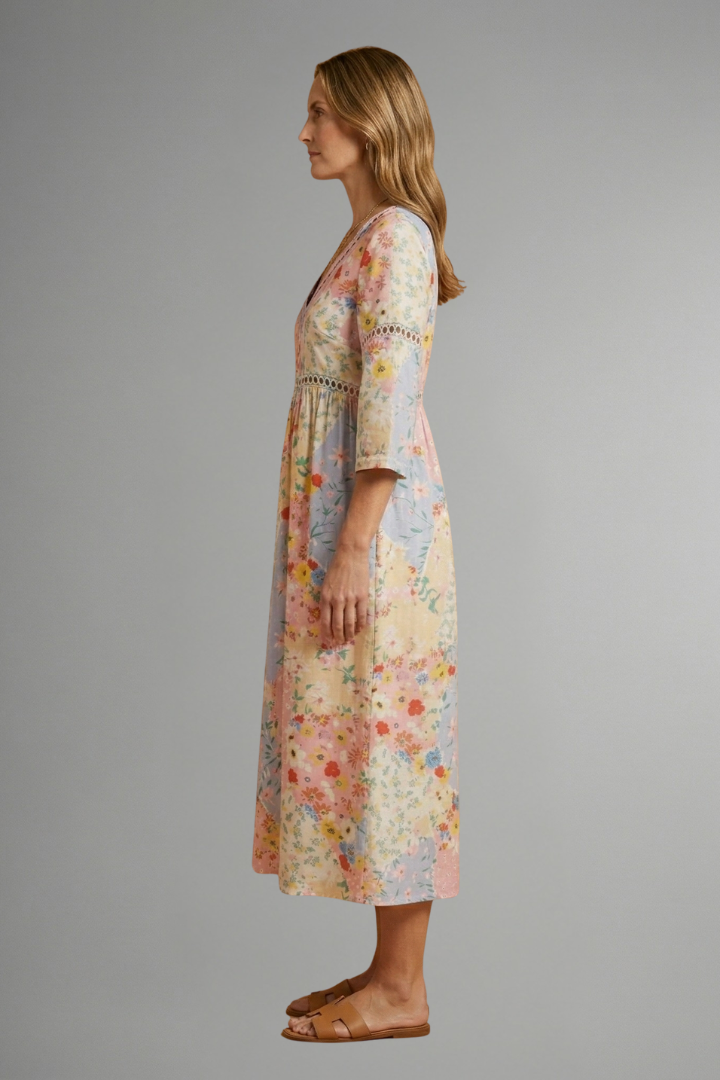 Women’s Maxi Dress with V Neckline and Patchwork Print
