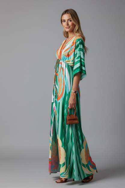 Women’s Maxi Dress with V Neckline and Tie Waist
