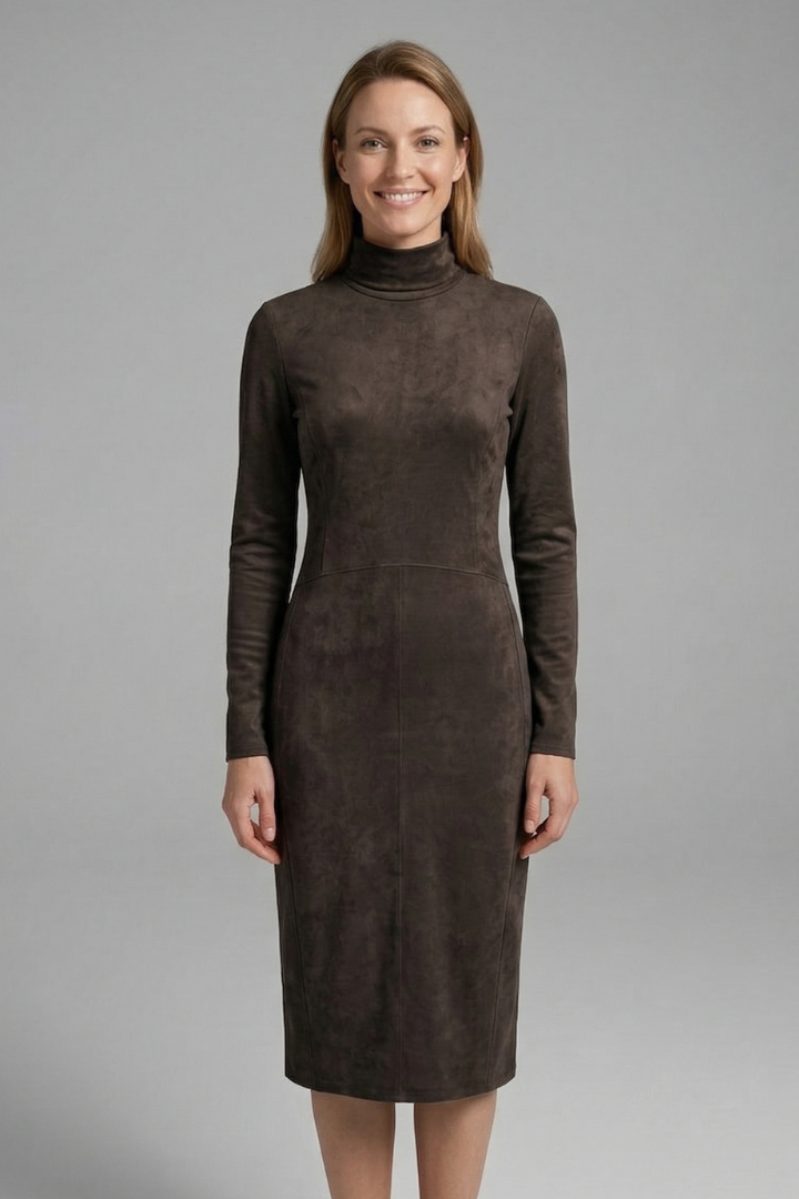 Women’s Midi Dress with High Neck and Long Sleeves