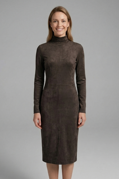 Women’s Midi Dress with High Neck and Long Sleeves