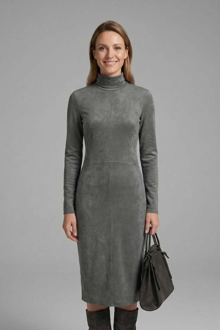 Women’s Midi Dress with High Neck and Long Sleeves