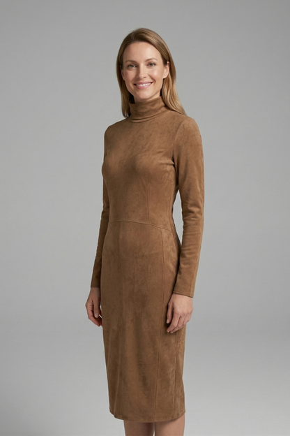 Women’s Midi Dress with High Neck and Long Sleeves