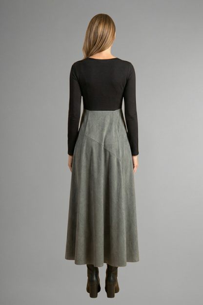 Women’s Midi Dress with Long Sleeves and Two Tone Design