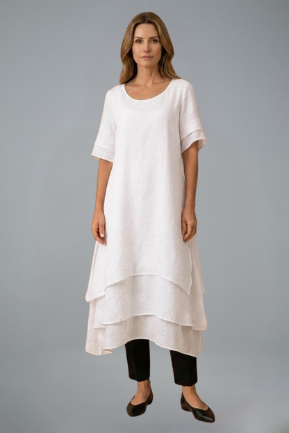 Women’s Midi Dress with Open Neckline and Flowing Skirt