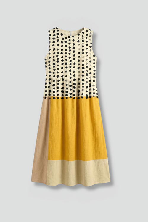 Women’s Midi Dress with Polka Pattern and Colourblock Design