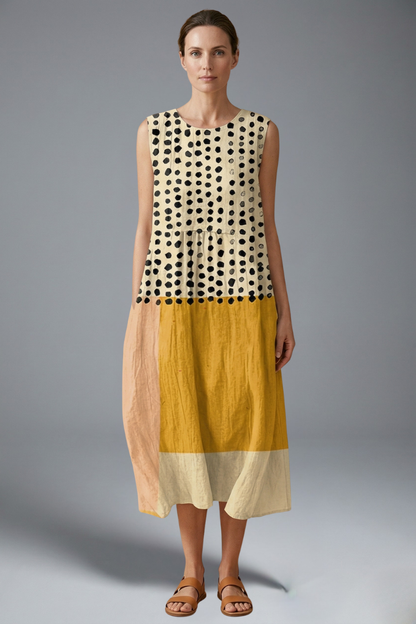 Women’s Midi Dress with Polka Pattern and Colourblock Design