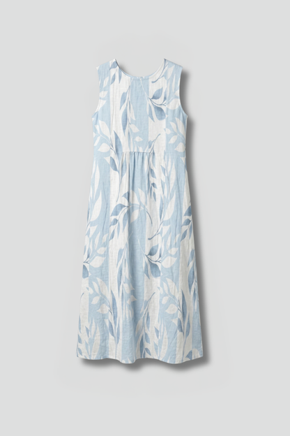 Women’s Midi Dress with Round Neck and Leaf Pattern