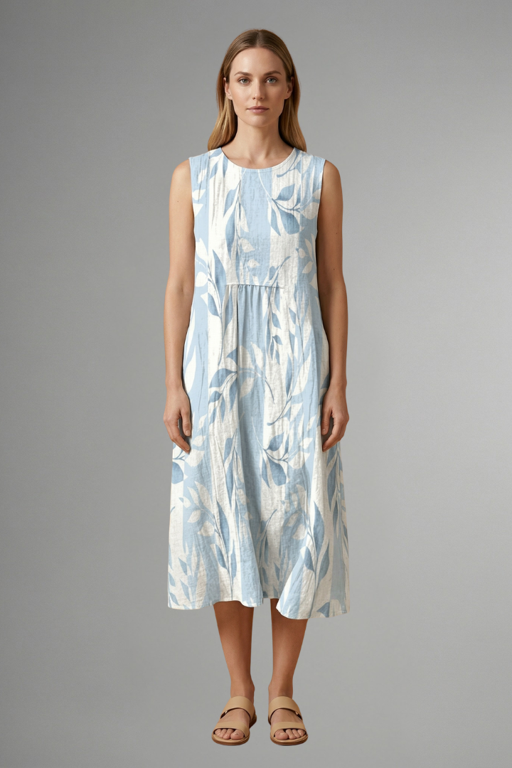 Women’s Midi Dress with Round Neck and Leaf Pattern