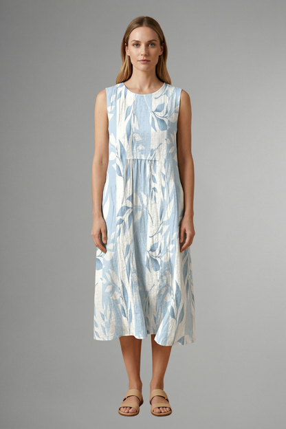 Women’s Midi Dress with Round Neck and Leaf Pattern