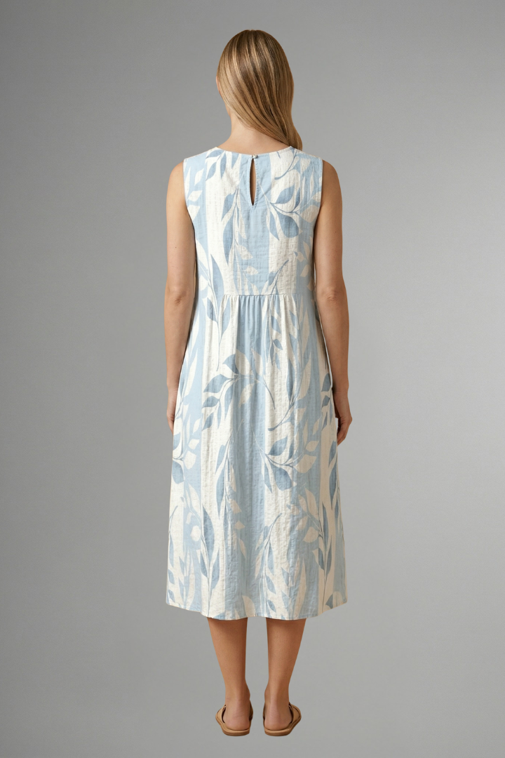 Women’s Midi Dress with Round Neck and Leaf Pattern