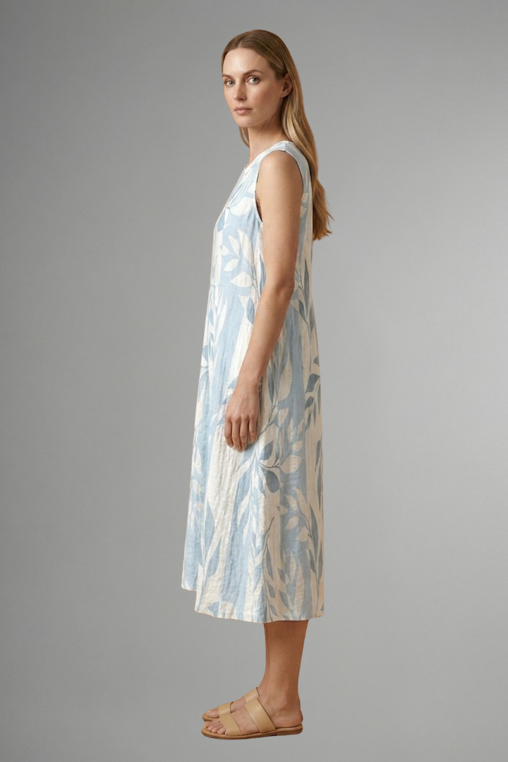 Women’s Midi Dress with Round Neck and Leaf Pattern