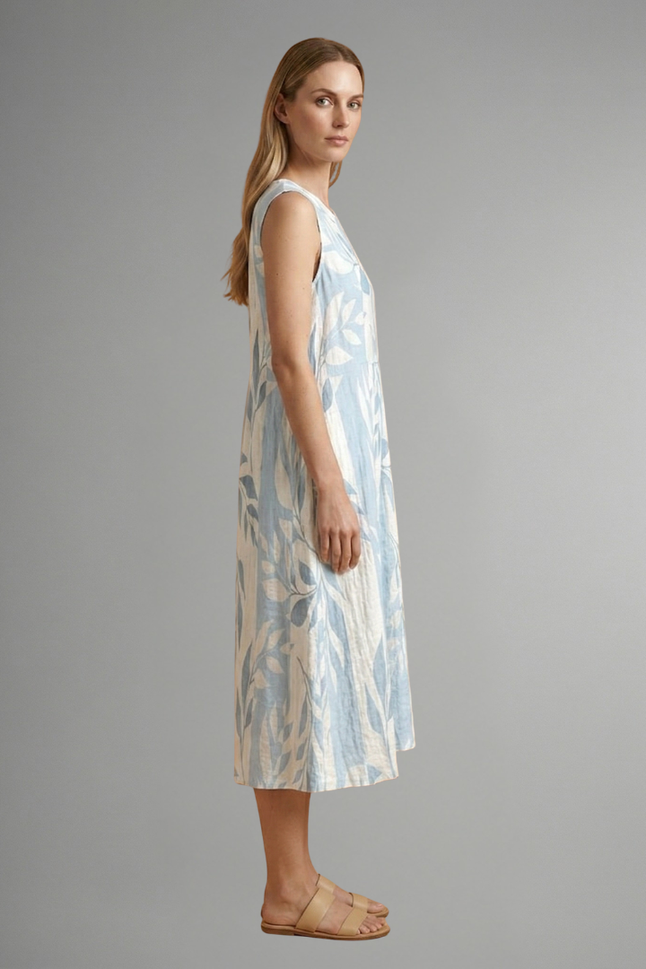 Women’s Midi Dress with Round Neck and Leaf Pattern