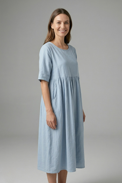 Women’s Midi Dress with Round Neck and Short Sleeves