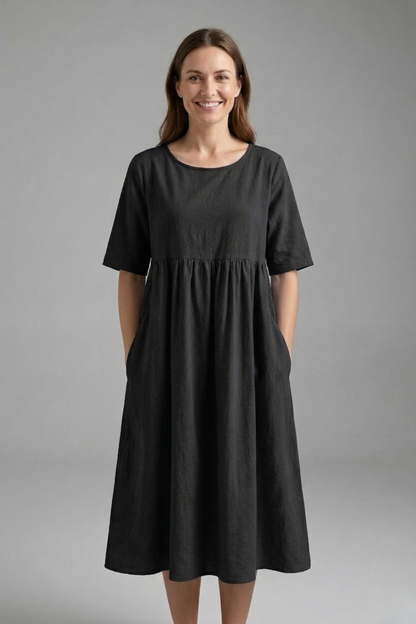 Women’s Midi Dress with Round Neck and Short Sleeves