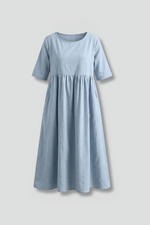 Women’s Midi Dress with Round Neck and Short Sleeves