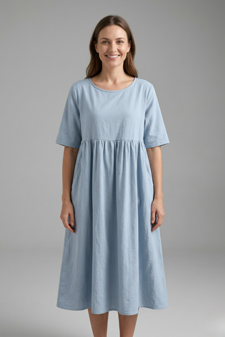 Women’s Midi Dress with Round Neck and Short Sleeves