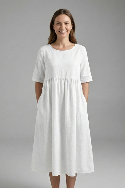 Women’s Midi Dress with Round Neck and Short Sleeves