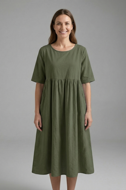 Women’s Midi Dress with Round Neck and Short Sleeves
