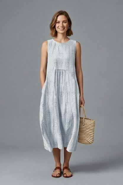 Women’s Midi Dress with Round Neck and Sleeveless Design