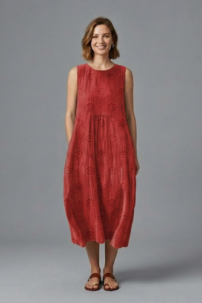 Women’s Midi Dress with Round Neck and Sleeveless Design