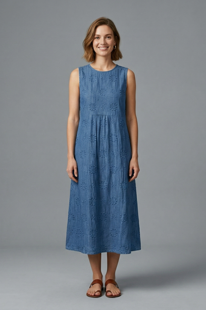 Women’s Midi Dress with Round Neck and Sleeveless Design