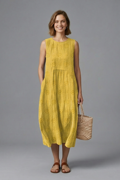 Women’s Midi Dress with Round Neck and Sleeveless Design