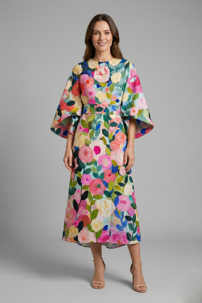 Women’s Midi Dress with Round Neck and Wide Sleeves