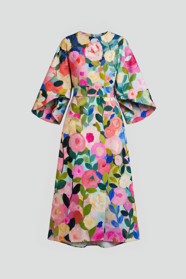 Women’s Midi Dress with Round Neck and Wide Sleeves