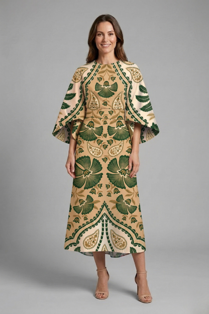 Women’s Midi Dress with Round Neck and Wide Sleeves