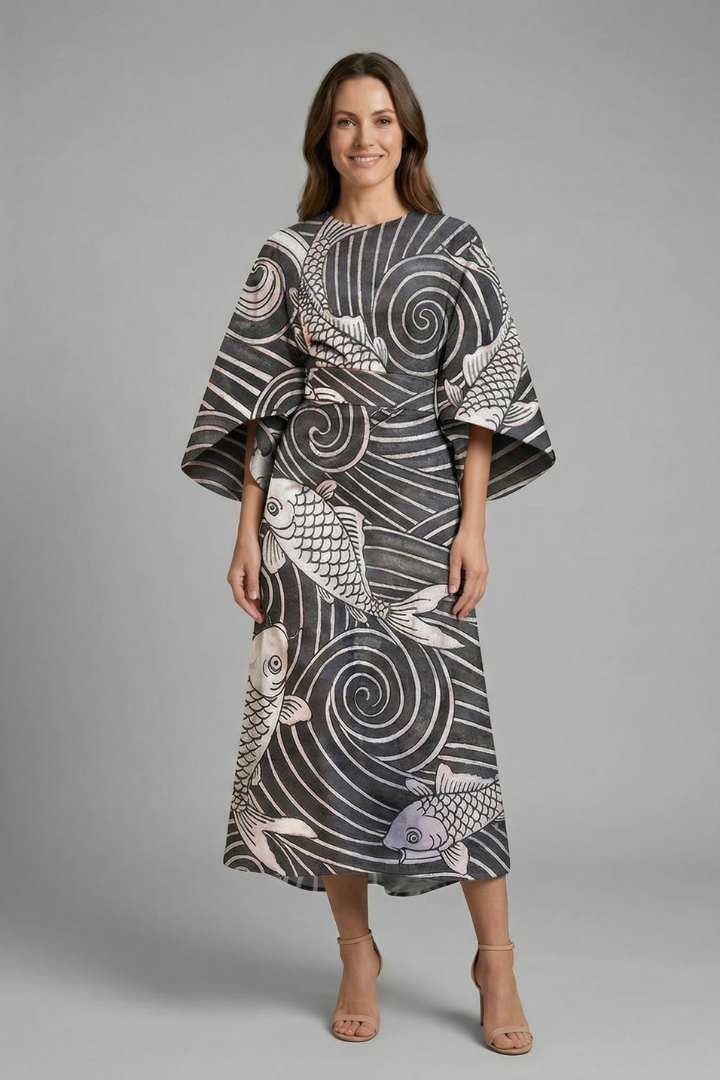 Women’s Midi Dress with Round Neck and Wide Sleeves