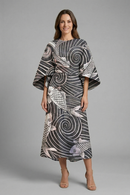 Women’s Midi Dress with Round Neck and Wide Sleeves