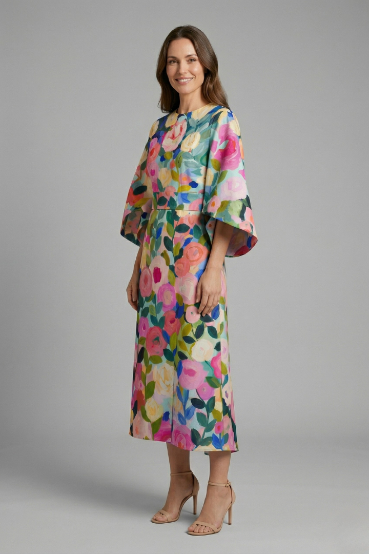 Women’s Midi Dress with Round Neck and Wide Sleeves